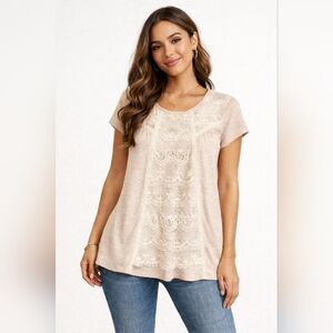Rewind Lace Panel Boho Blouse Medium Neutral Feminine Lace Short Sleeve Top